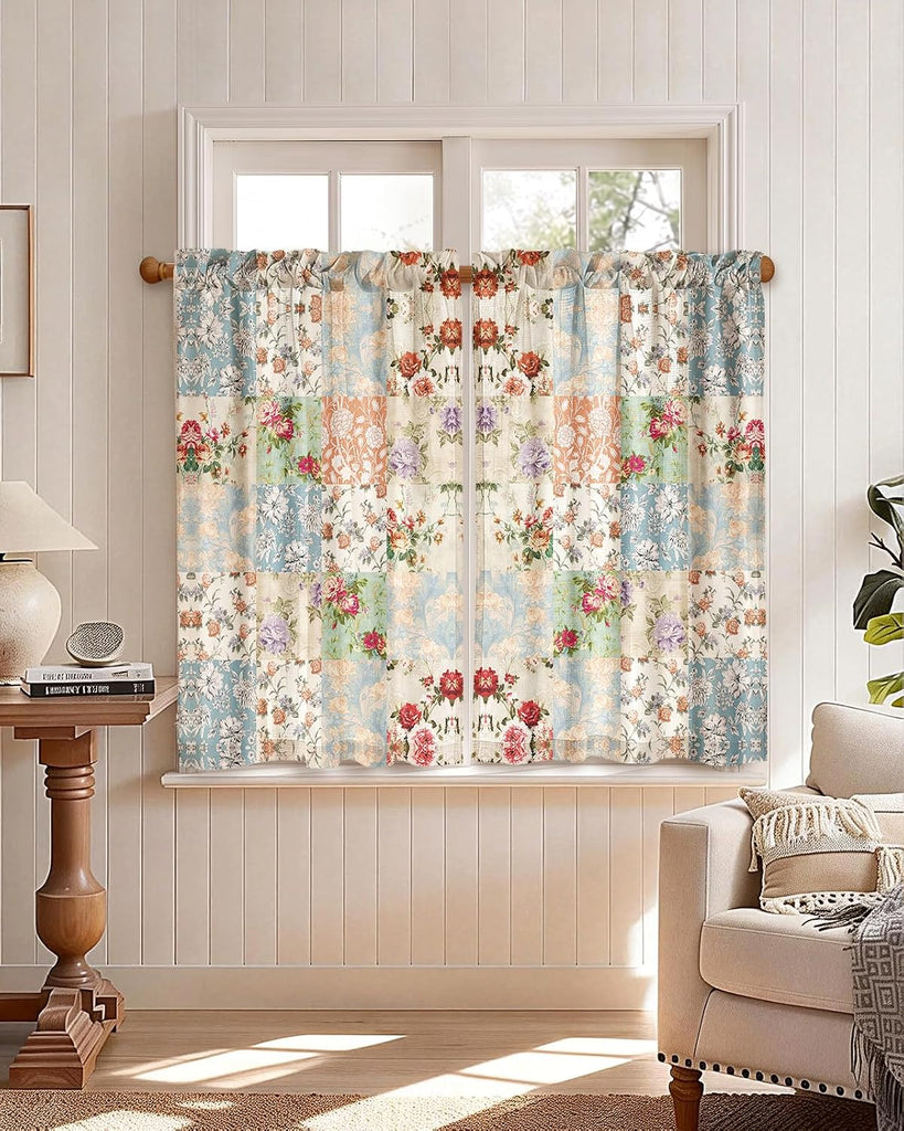 Boho Kitchen Curtains - 36 Inch Length Linen Blend Vintage Floral Cafe Curtains Country Tier Curtain Short Drapes Rod