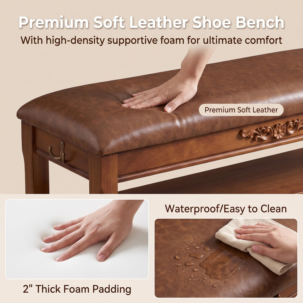 Solid Wood Shoe Rack Bench Entryway Storage with Leather Cushion, 31.5"