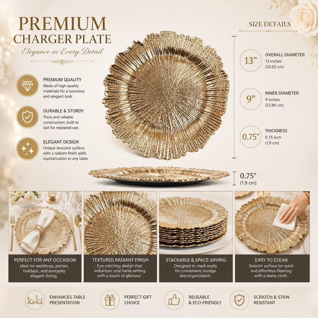 Gold Charger Plates, 13" Round Reef Design, Decorative Plastic Charger Plates for Wedding, Party & Table - Set of 12