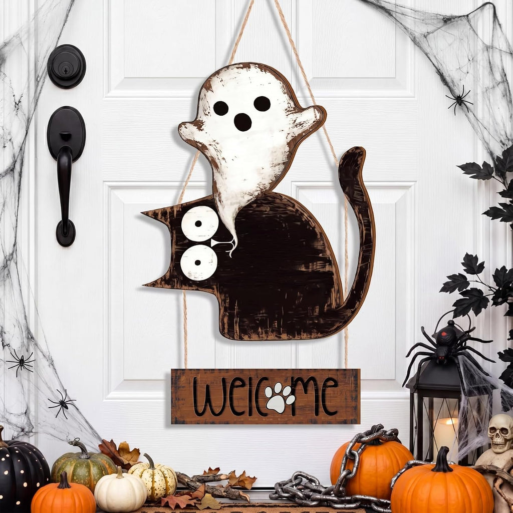 Halloween Door Decorations Cat Ghost Halloween Front Door Sign Hanger Wreath Rustic Wooden Welcome Hanging Sign Porch