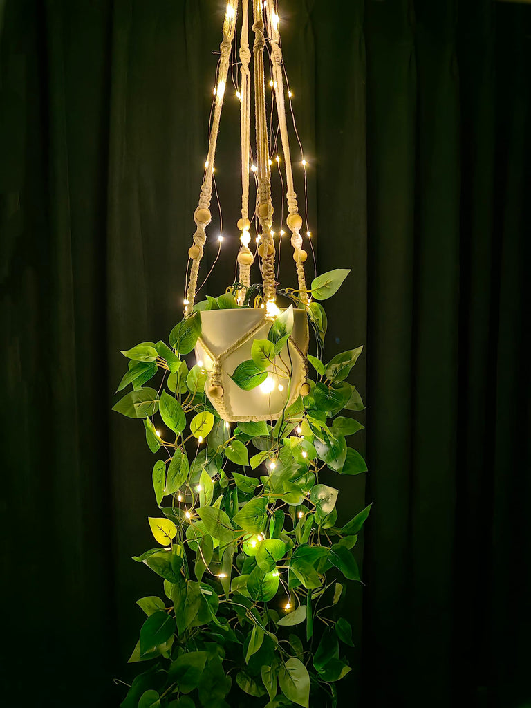 2 Packs Fake Hanging Plant with lights Artificial Plants with Pots Decor Macrame Plant Hanger with Faux Vines