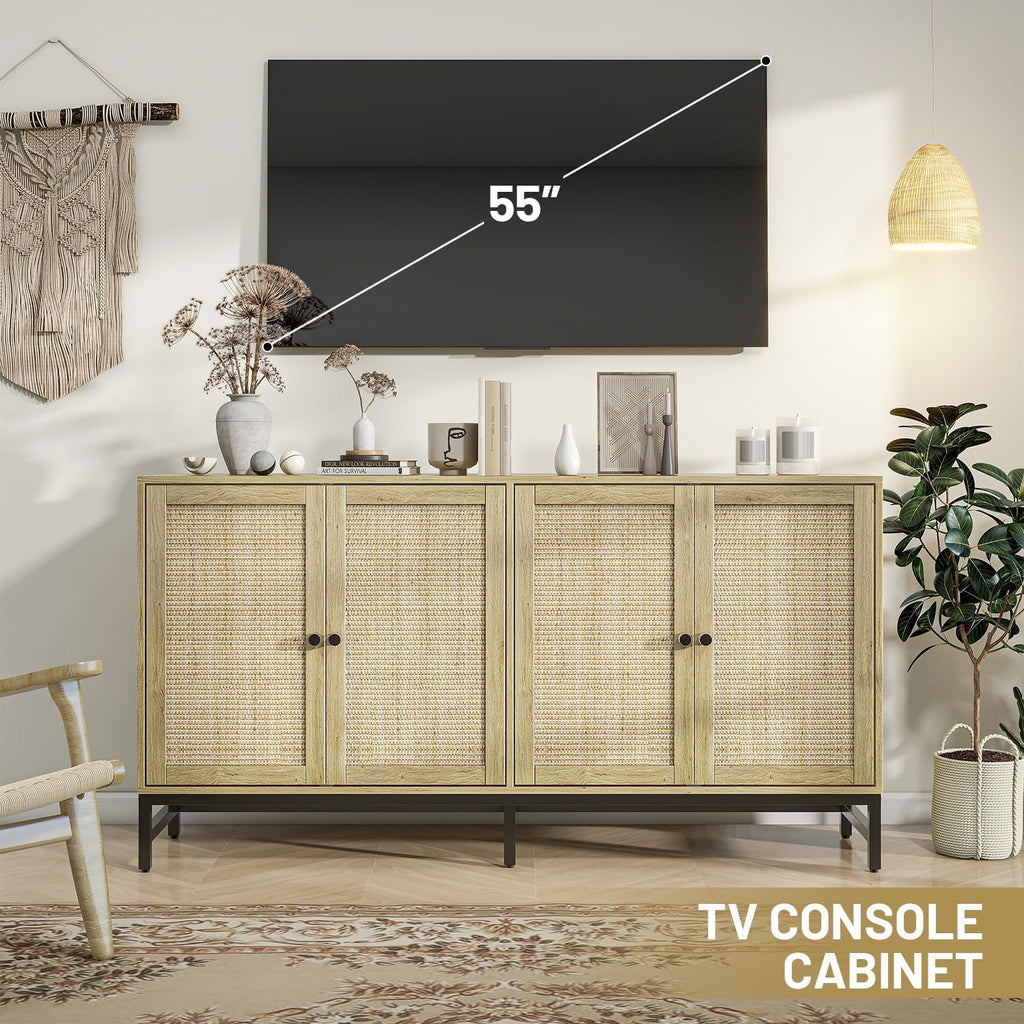 Rattan Sideboard Buffet Cabinet, Natural Storage Credenza Accent Cabinet with 4 Doors, 59" Large Mid Century Modern