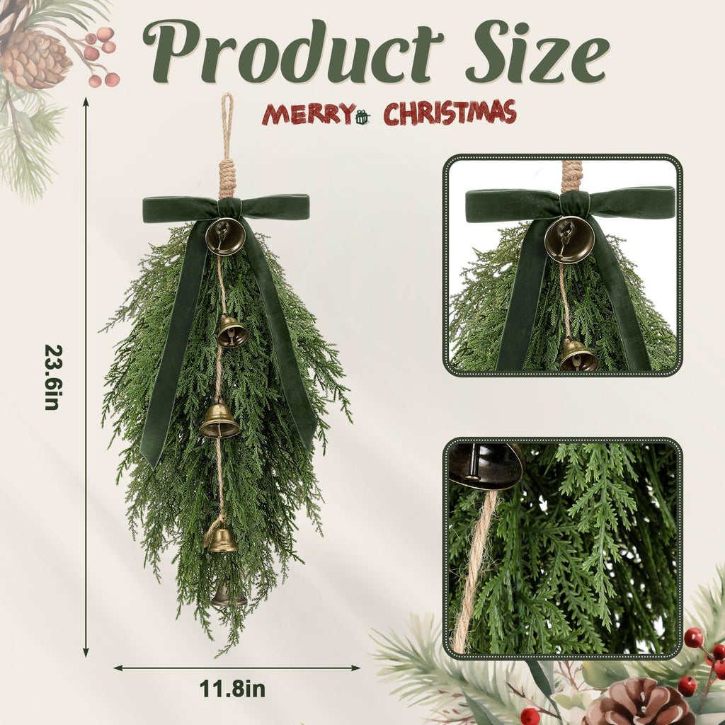 2 Pack Christmas Cedar Teardrop Swag Velvet Bow Bells, Green