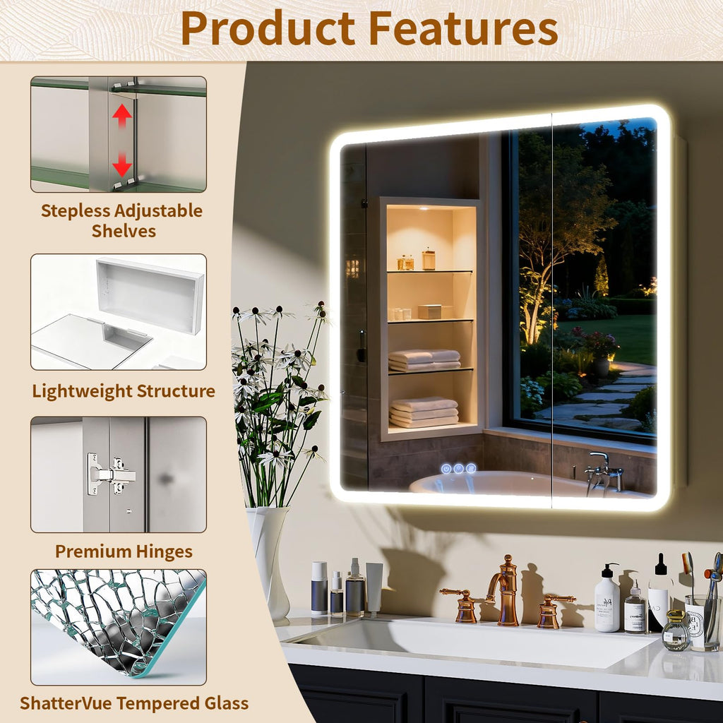30 x 32 LED Bathroom Medicine Cabinet Mirror, Adjustable Shelves