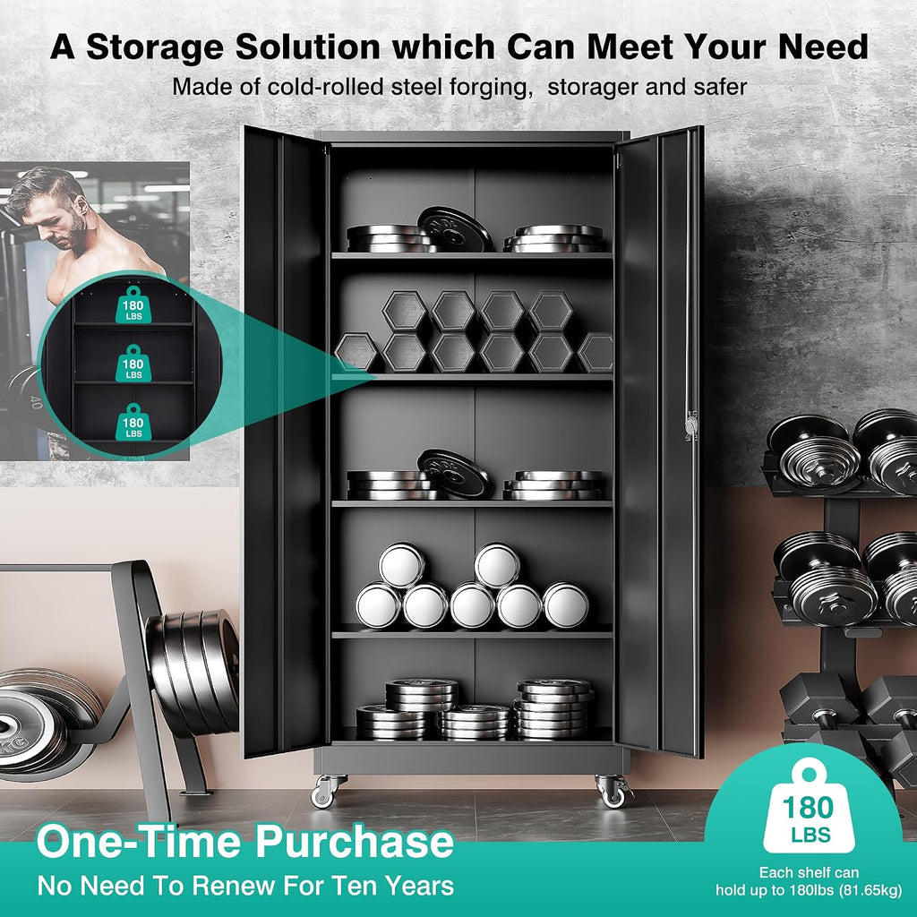 Metal Storage Cabinet with Wheels,75 inch Tall Rolling Garage Storage Cabinet with Lock,Black Metal Cabinets with