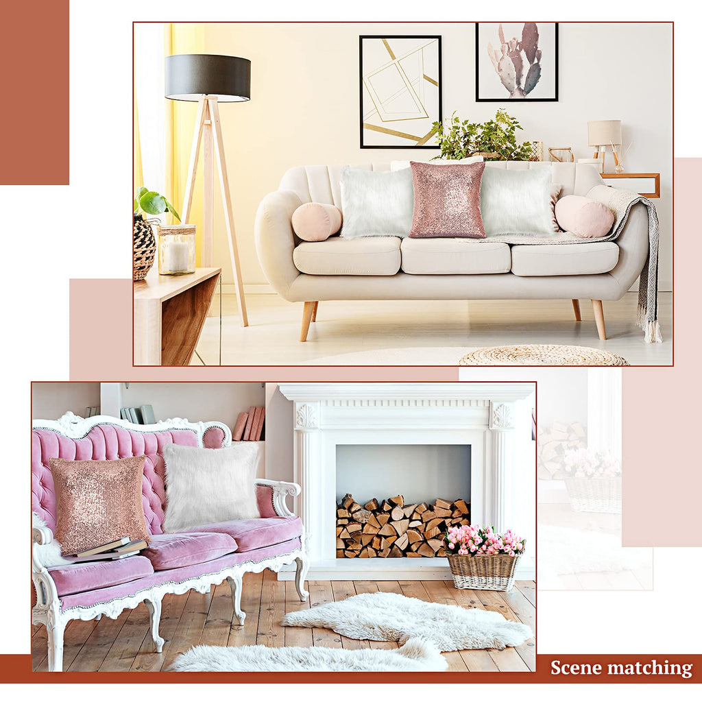 4 Pcs Sequin Fluffy Pillow, Rose Gold, White, 18 x 18 Inch