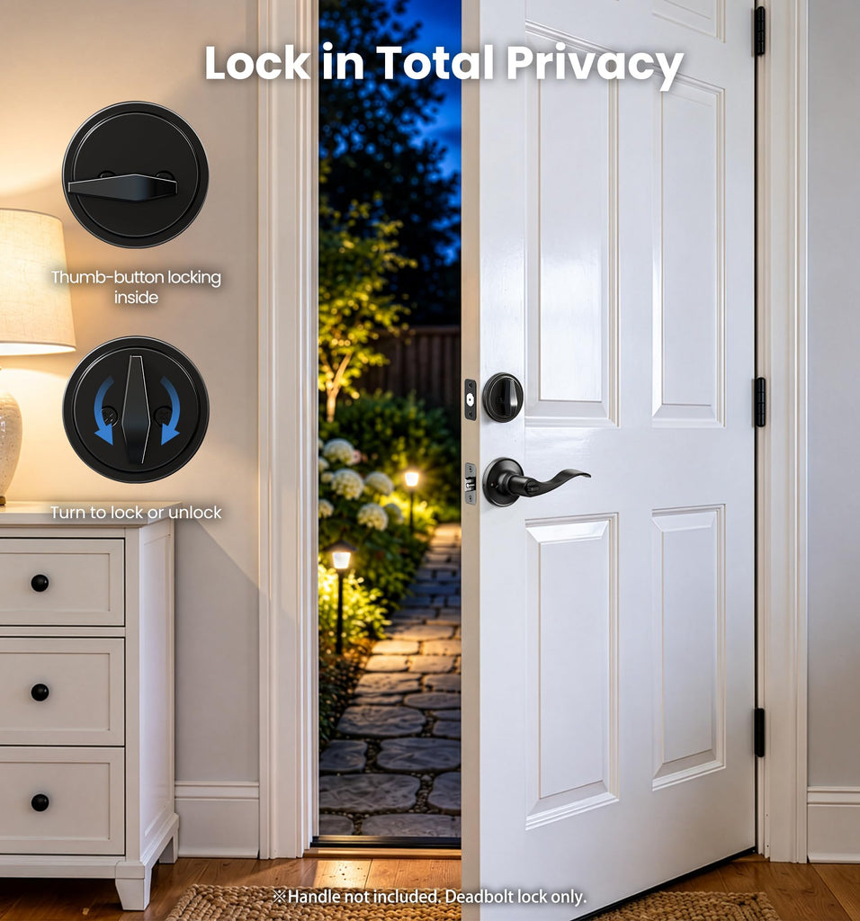 Keyed Single Cylinder Deadbolt Lock, Inside Thumb Turn, Matte Black