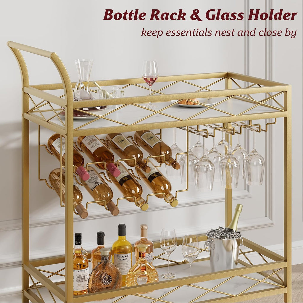 Gold Bar Cart with White Marble Shelves, Slim Serving Cart | Lockable 360° swivel wheels and anti-scratch foot pads