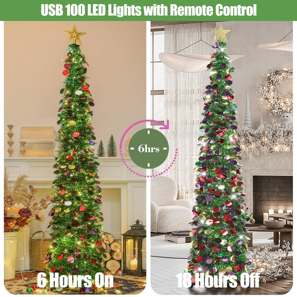 6 FT Pop Up with 100 LED Timer Lights & Remote, Green Christmas Tinsel Tree, Collapsible Artificial Pencil Tree Party