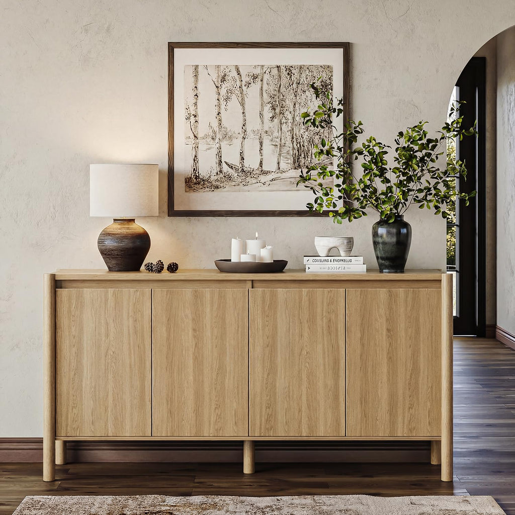 59" Oak Sideboard Buffet Cabinet with Solid Wood Legs