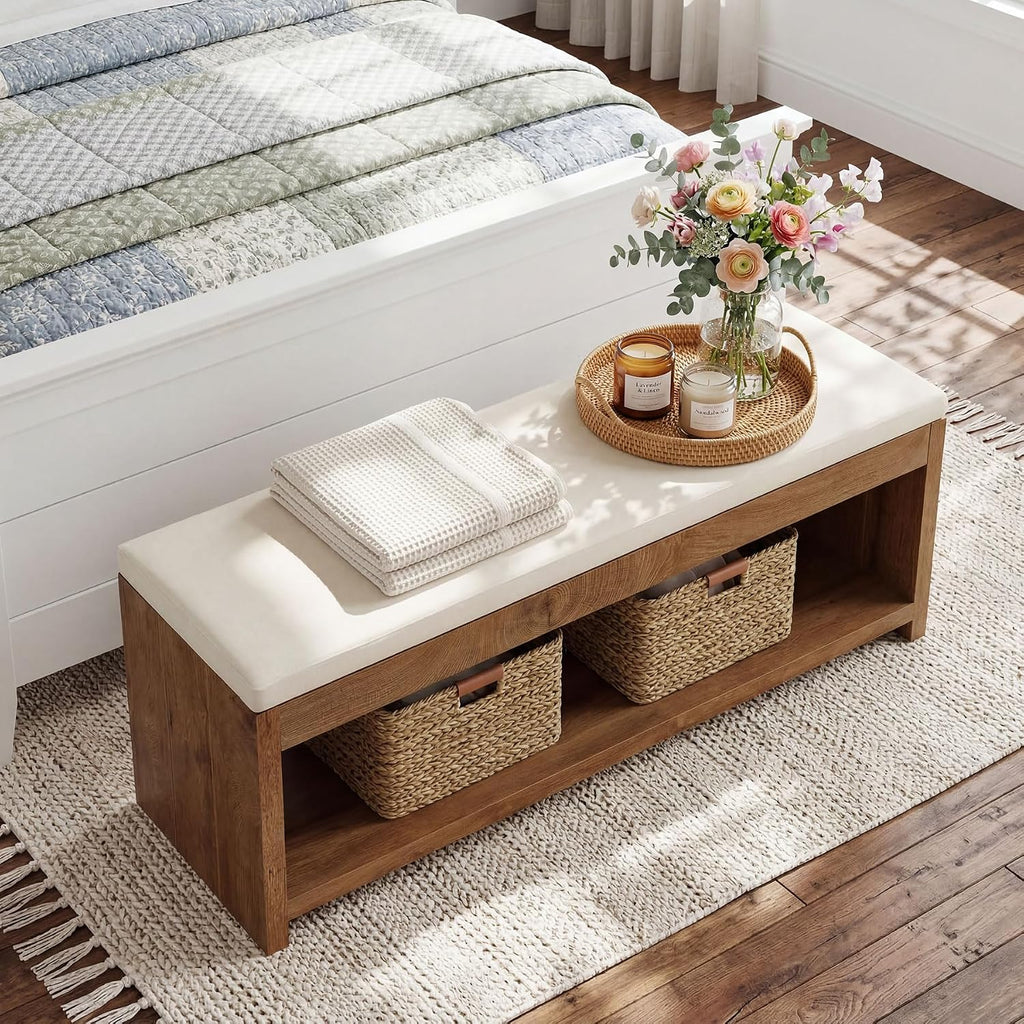 End of Bed Bench with Cushion , 55.1-Inch Wooden Upholstered Storage Bedroom Bench with Shoe Rack