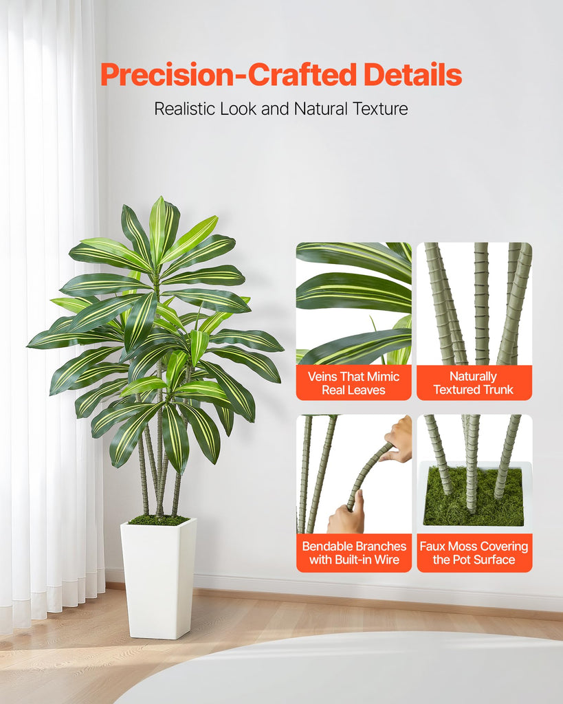 Artificial Dracaena Tree 5 ft, Fake Palm Tropical Plants with White Tall Planter, Faux Floor Silk Plant in Pot, Large