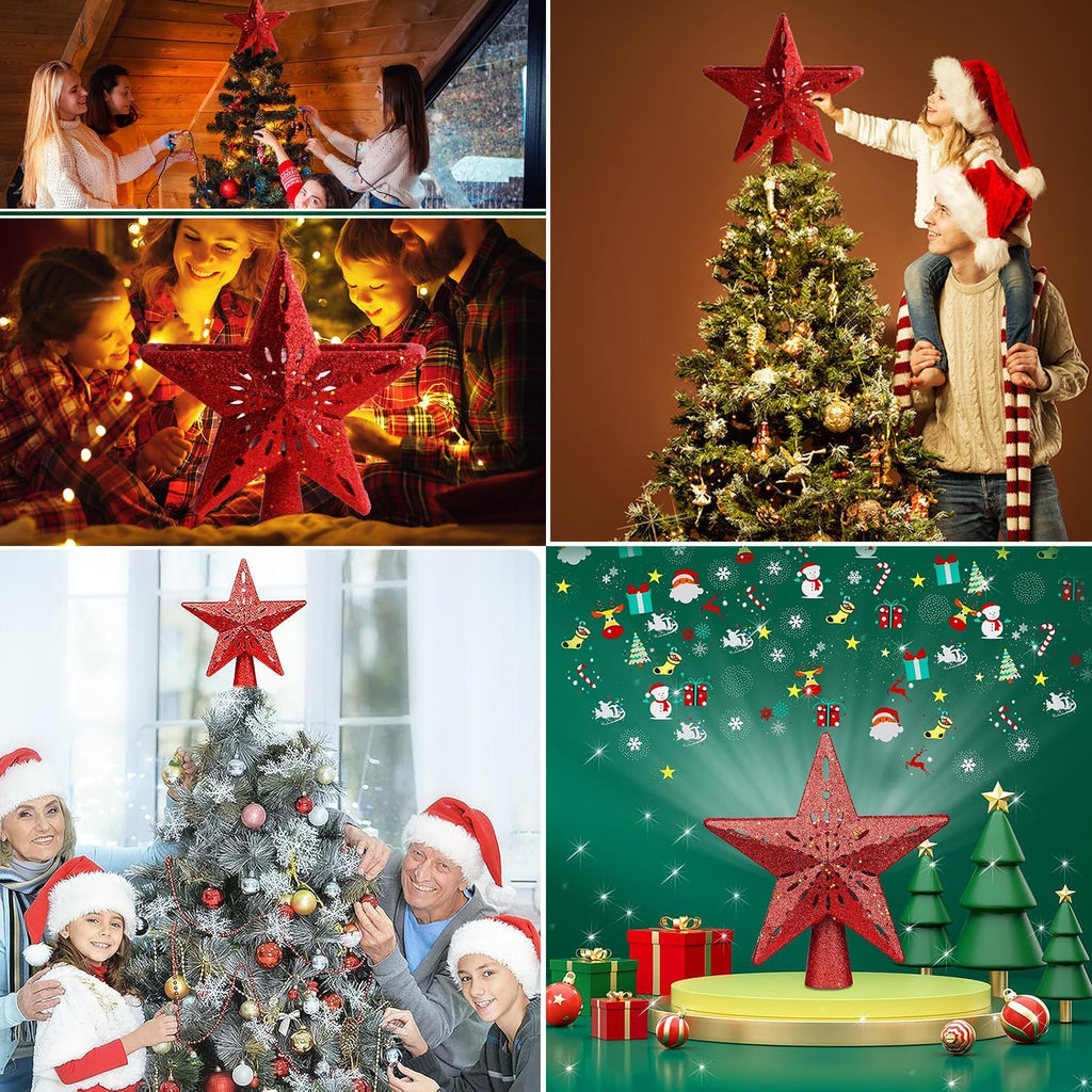 Tree Topper Lighted with 6 Projected Patterns -Christmas Star Tree Topper Built-Led Rotating Lights -3D Glitter