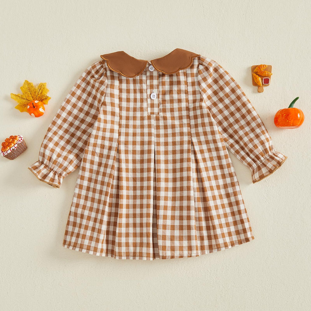 Thanksgiving Baby Girl Outfit Turkey Print Long Sleeve A Line Plaid Dress for Party Cute Baby Girl Thanksgiving