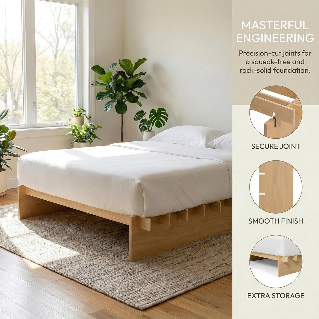 Wood Platform Bed Frame, Tool-Free Japanese Joinery, Natural