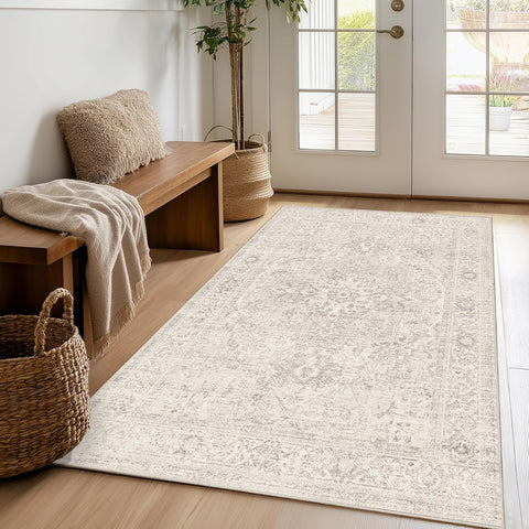 3x5 Washable Area Rug Beige Vintage Neutral Distressed Non Slip Low Pile Traditional Retro Indoor Ca