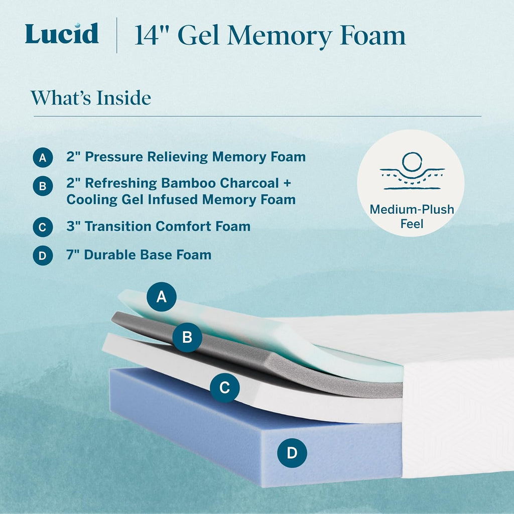 14" Plush Gel Memory Foam Mattress - Bamboo Charcoal & Cooling Gel - Fiberglass Free - Bed in a Box - CertiPUR-US