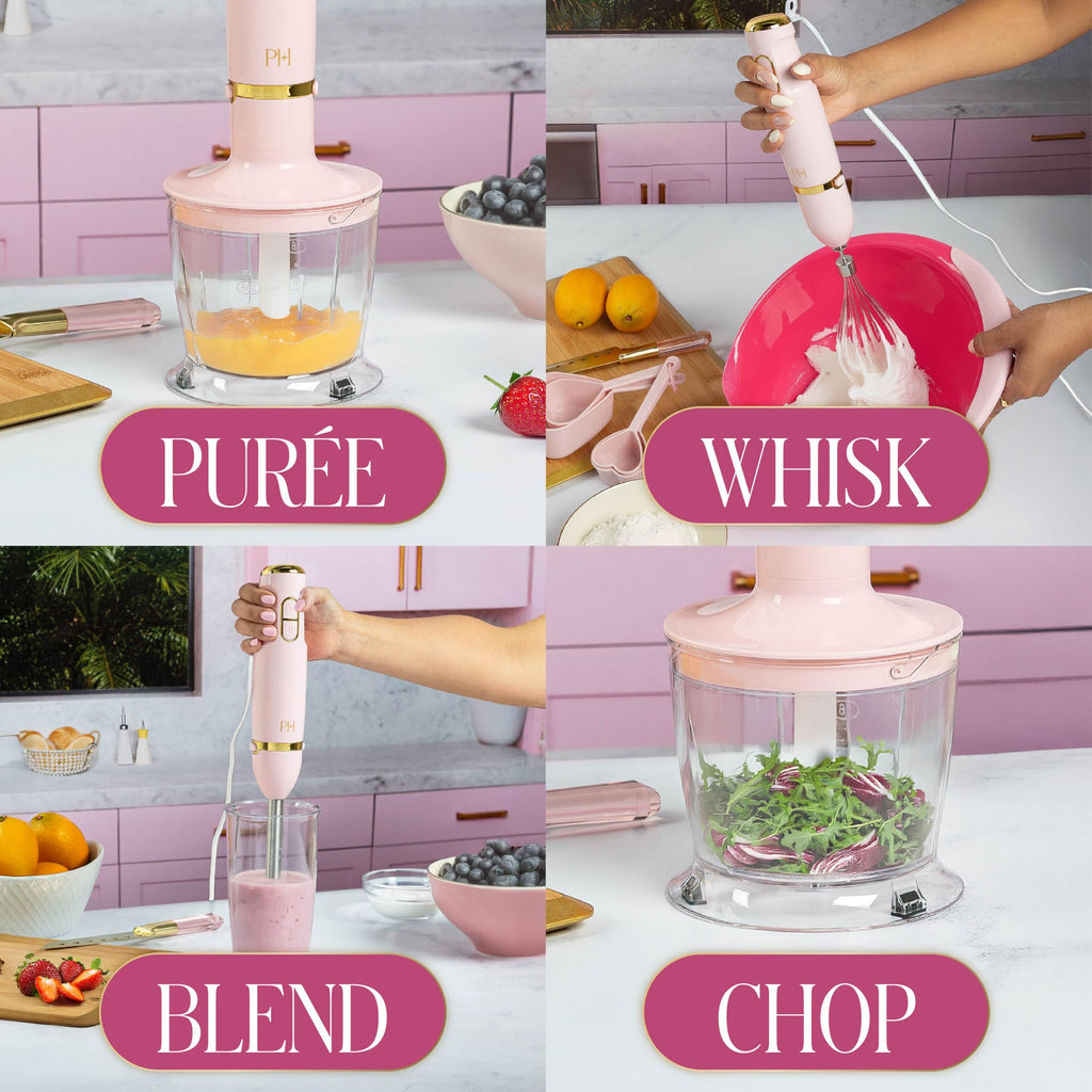 Hand Blender Set, 3-in-1 Immersion Blender with Whisk, Blending & Chopper Attachments, 400W High Speed, Pink with