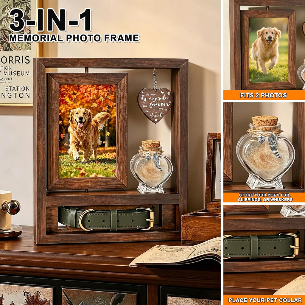 3 in 1 Dog Memorial Frame, Rotating Wood Frame with Fur Jar