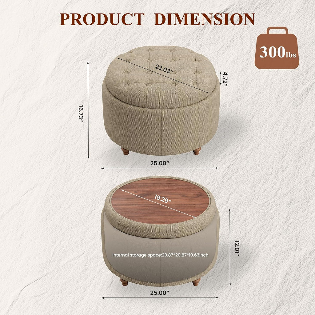 25Inch Round Storage Ottoman, Small Round Ottoman Coffee Table with Storage | Tufted Fabric Storage Ottoman with