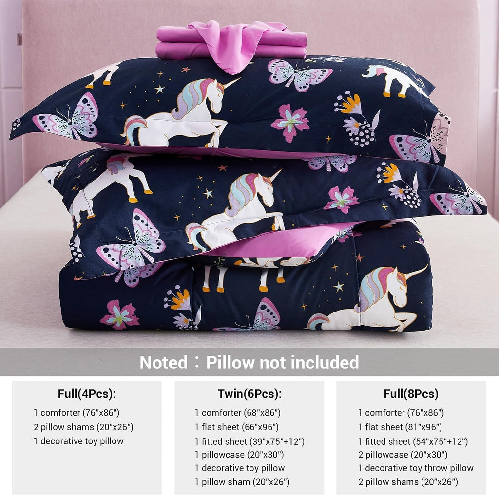 Kids Comforter Bed Set Twin for Girls, 6 Pieces Bed in a Bag with Shams, Sheet Set, Pink Unicorn Twin Soft Microfiber