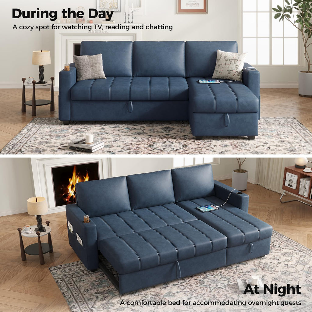 89 inch L-Shaped Sectional Sofa Sleeper with Storage Space & Side Pocket, Anti-Scratch Faux Leather Couch Bed with