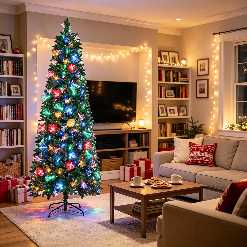 Pre-Lit Pencil Christmas Tree with Fiber Optic, 300LED Lights