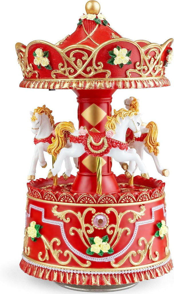 Christmas Carousel Music Box with Lights, Rotating Wind-Up Merry-Go-Round Horse Figurine, Hand-Painted Red and Gold