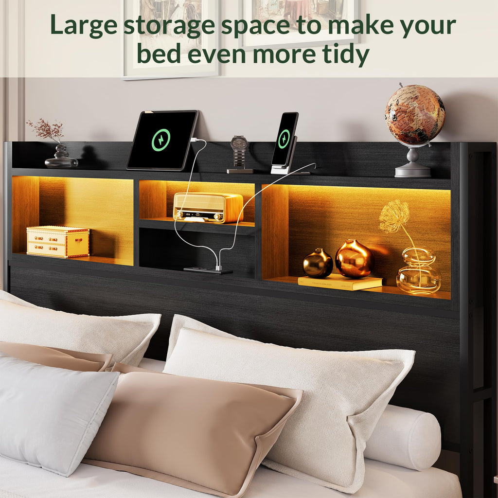 California King Size Bed Frame with 6 Storage Drawers and Headboard Wooden Platform Bed Frame with LED Lights and