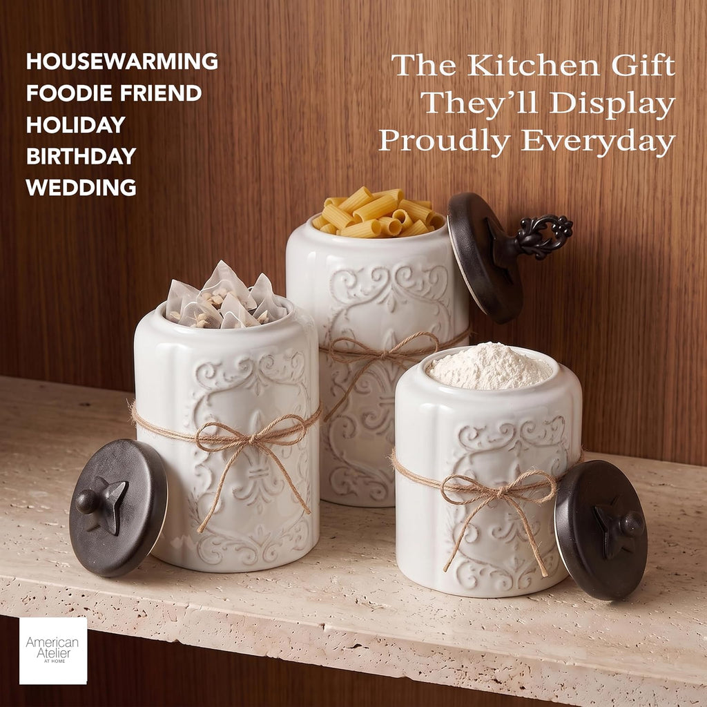 Ceramic Kitchen Canister Set Fleur De Lis w/ Lids - Set of 4