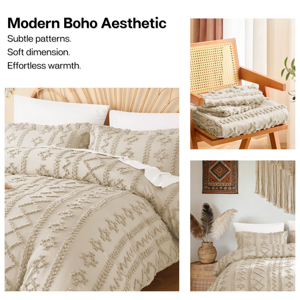 Boho Duvet Cover, Soft Vintage Tufted Bedding, 3-Piece, Linen