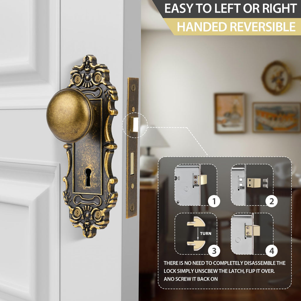 Mortise Lock Set for Interior Door, Antique Brass Door Knob with Lock and Skeleton Key, Antique Old Style Door Knob