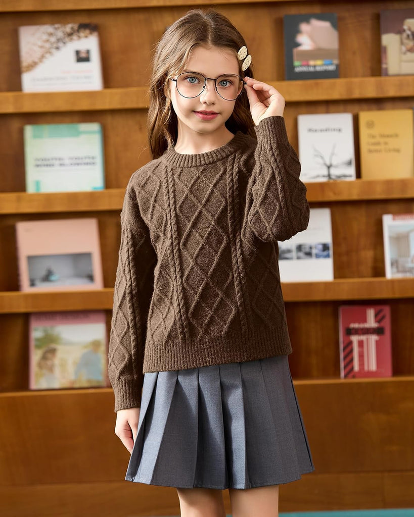 ‌Girls Crew Neck Sweaters, Cozy Knit Pullover Long Sleeve Tops for Fall Winter, Trendy Soft Teen Kids Sweater