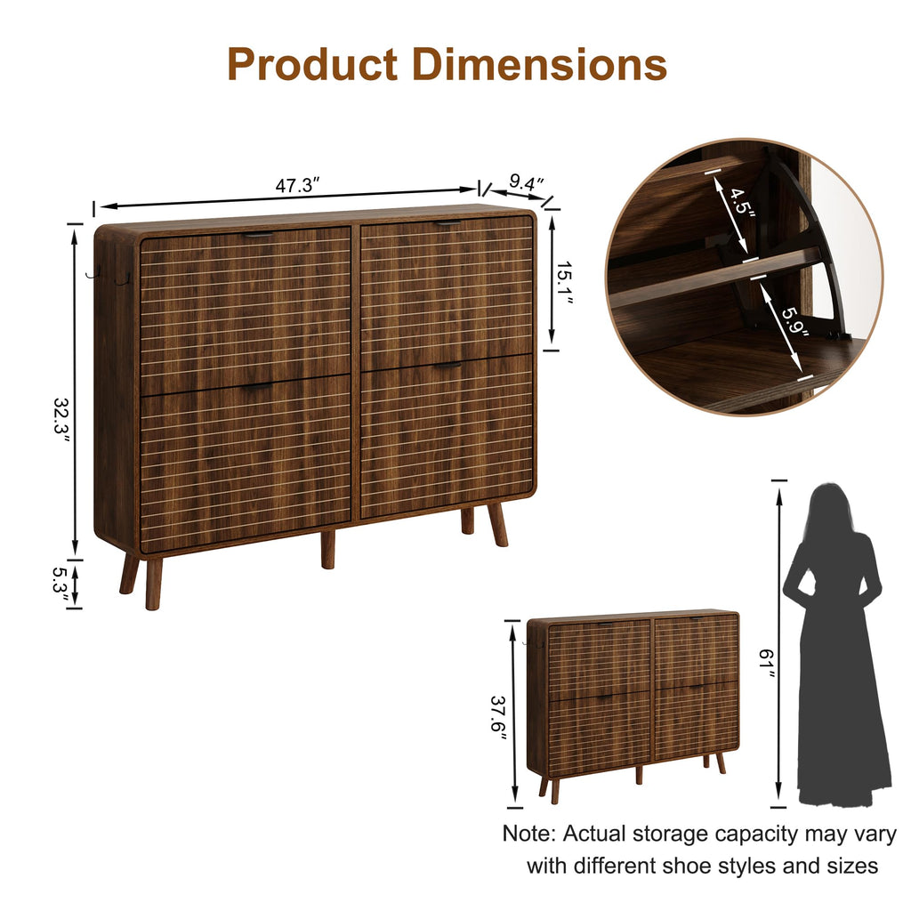 Fluted Shoe Storage Cabinet with 4 Flip Drawers, Walnut
