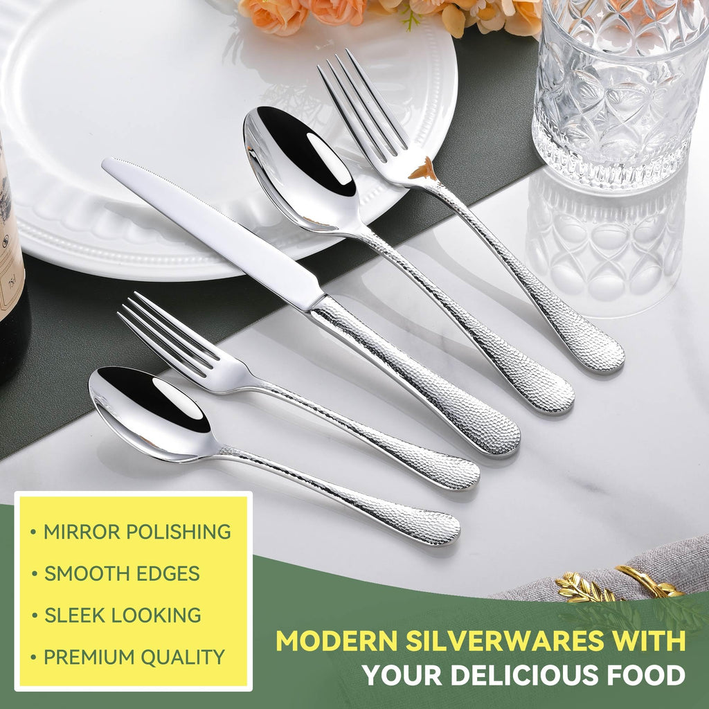 Heavy Hammered Silverware Set for 8, 40 PCS 18/10 Stainless Steel Flatware