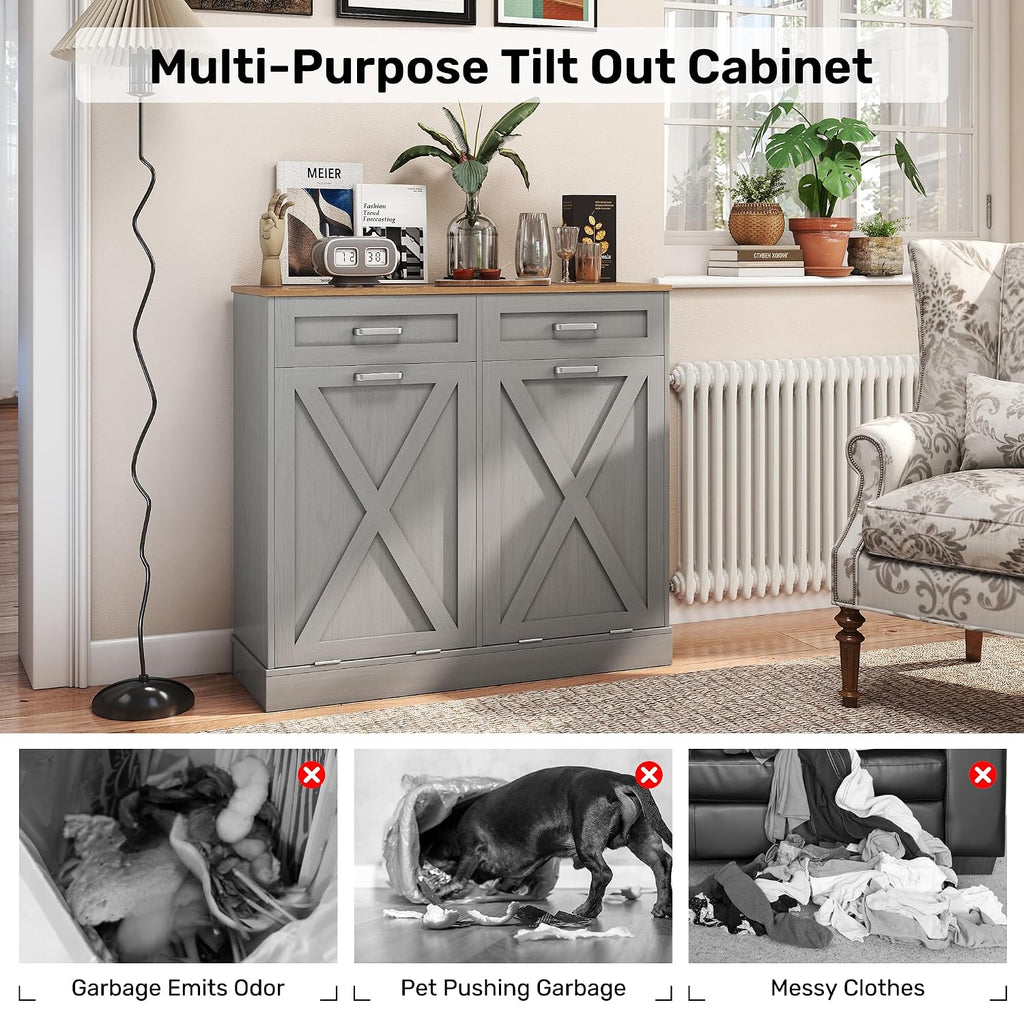 Double Tilt Out Trash Can Cabinet, 2 x 10 Gallons Hidden Garbage Recycling Cabinet with Hideaway Drawers Pet Proof