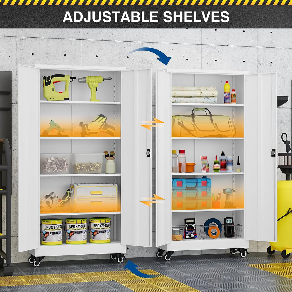 Metal Rolling Storage Cabinet-74.6" Tall Steel File Cabinets with Wheels Lockable Doors and Adjustable Shelves-White