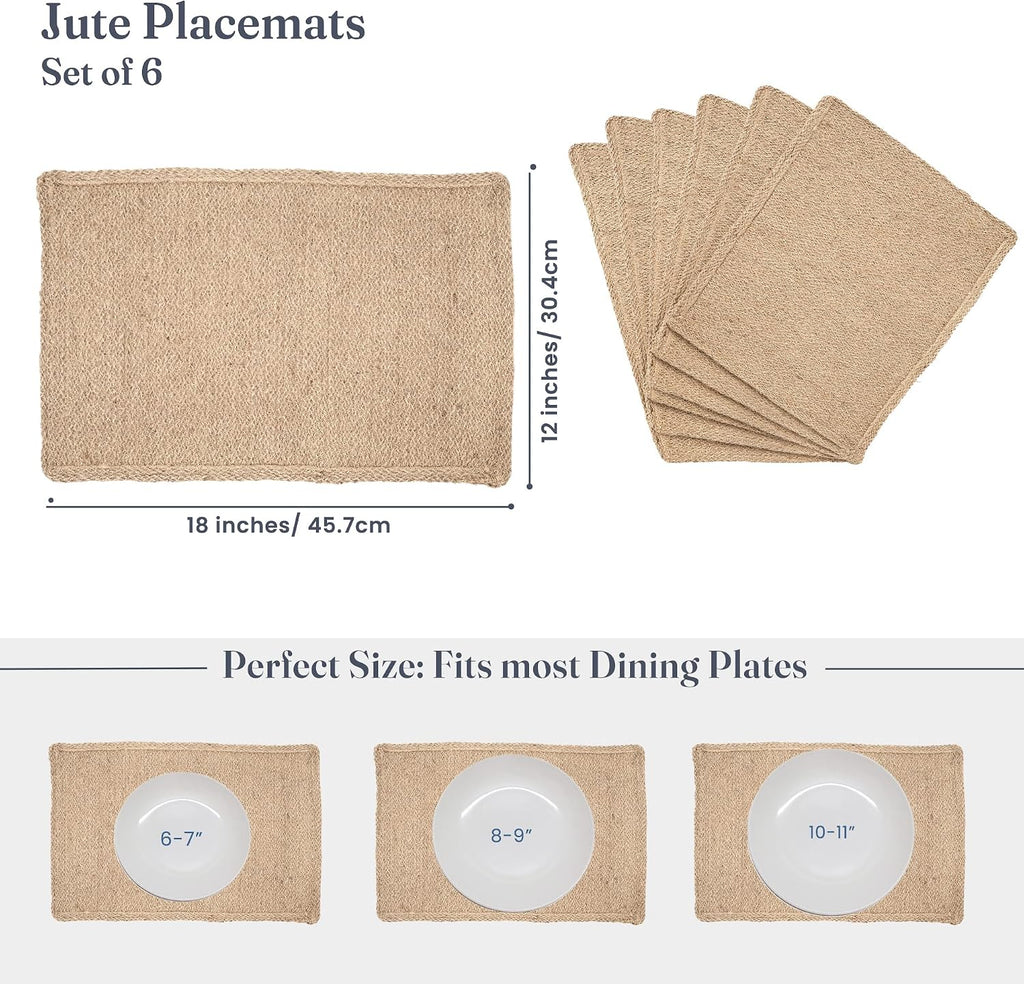 Natural Jute Placemats Burlap Woven Place mats Set of 6, 18x12 | Heat Resistant, Reversible Handcrafted Boho Table