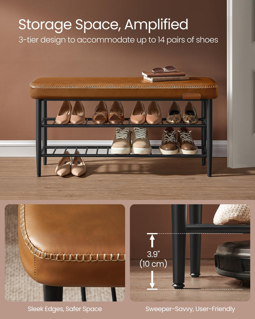 Shoe Bench, Synthetic Leather with Stitching, Loads 300 lb