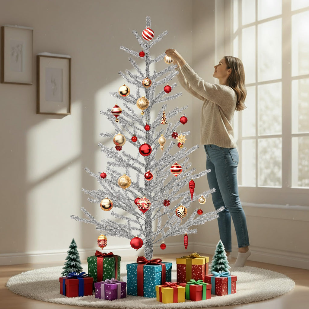 4ft Silver Christmas Tree, Retro Aluminum Christmas Tree, Tinsel Trees