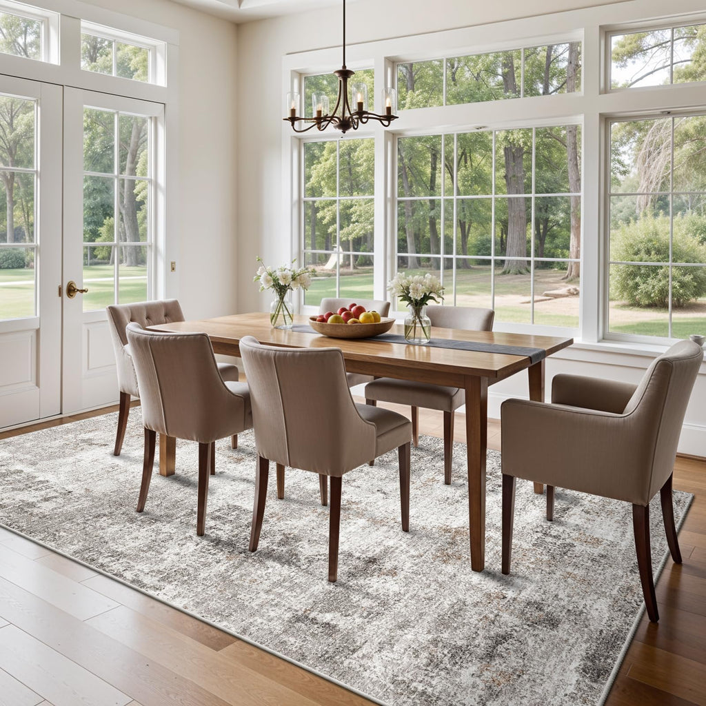 5x7 Non-Slip Machine Washable Area Rug - Modern Abstract Neutral Carpet - Soft Low Pile Stain-Resistant Rug with