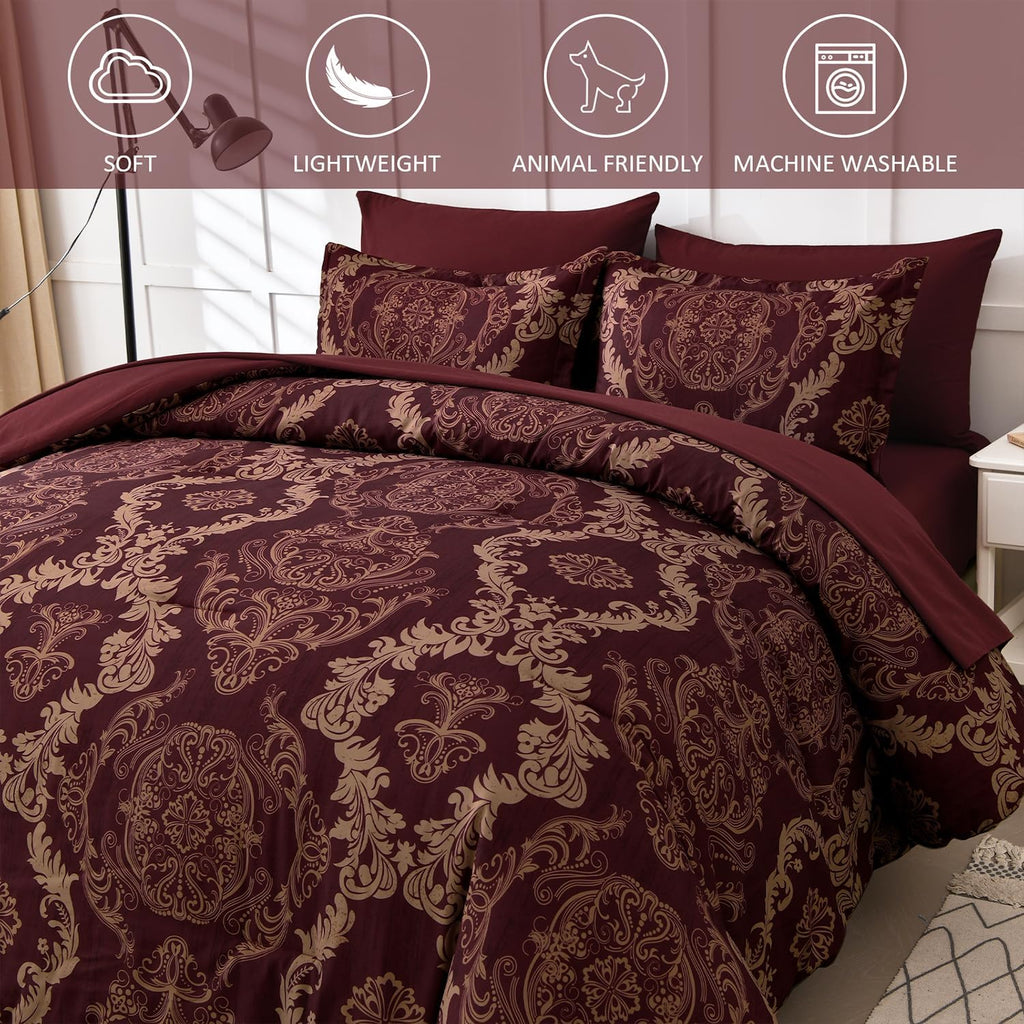 Burgundy Comforter Set Full Size, Maroon Damask Texture 7 Pieces Bed in a Bag Microfiber Comforter Bedding Sets -1