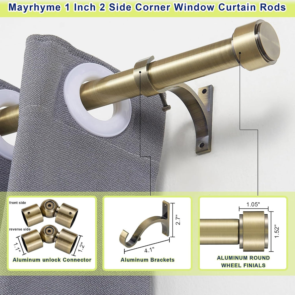 Antique Bronze Corner Window Curtain Rods with Aluminum End Cap Finials and Brackets,1 Inch Diameter Bay Window
