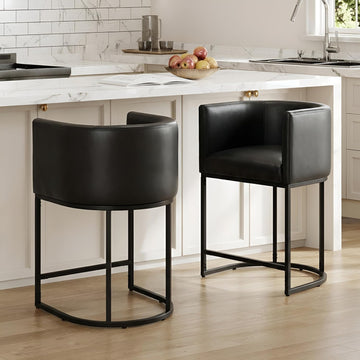 PU Leather Bar Stools Set of 2, Modern Upholstered Counter Height Bar stools 24" Leather Barstools Barrel