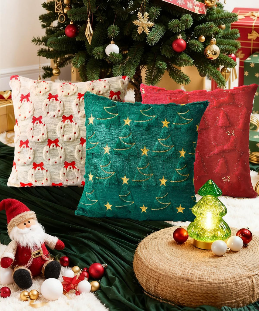 Christmas Pillow Covers Soft Plush Faux Fur Pillow Cases 3D Embroidered Decorative Couch Cover Home Decor - Set of 2