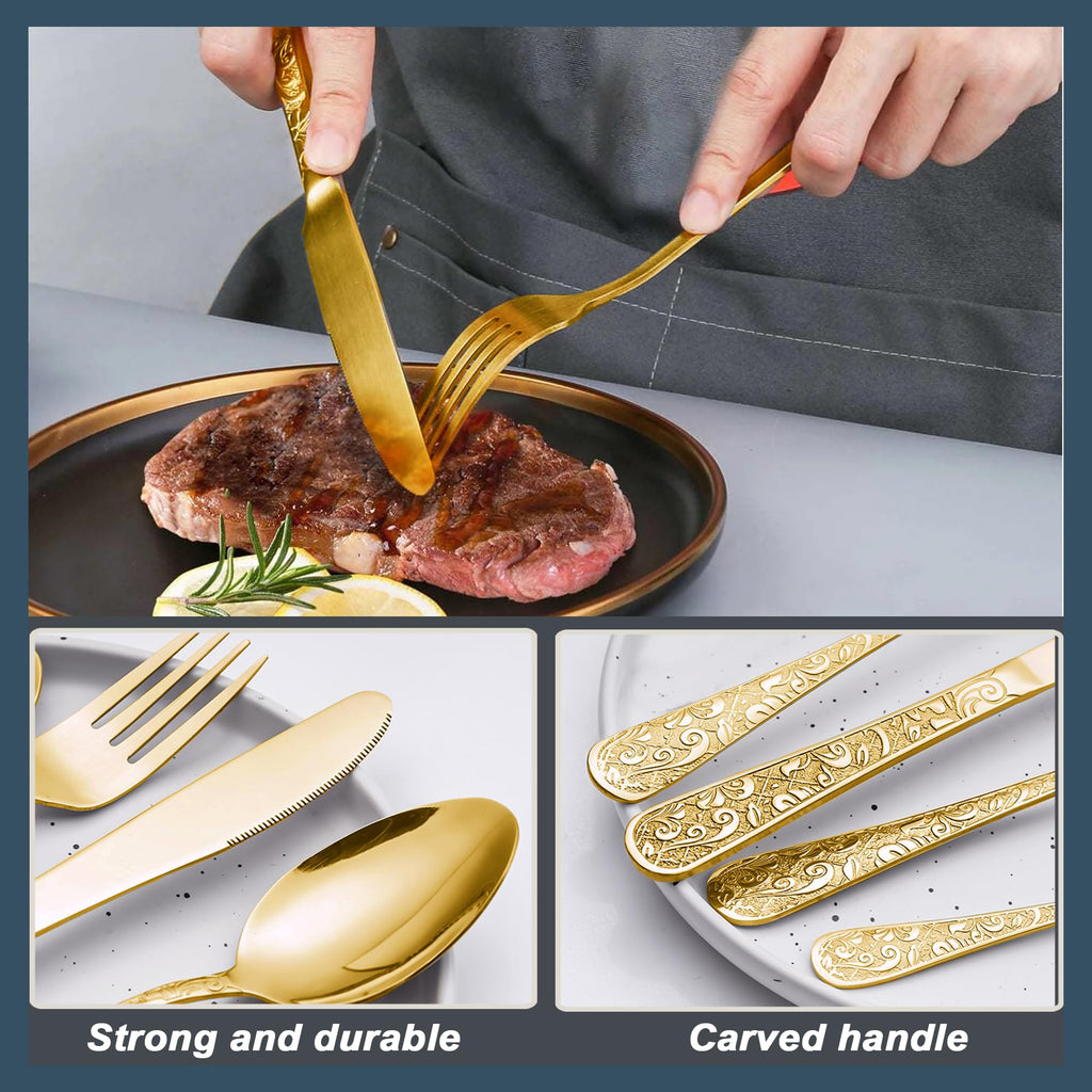 Vintage Carved Gold Stainless Steel 20-Piece Flatware Set