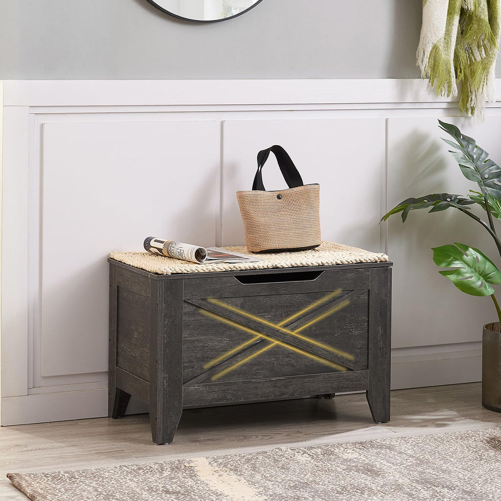 Storage Bench, Entryway Ottoman with Metal Safety Hinges Wicker-Knot Cushion, Shoe Bench for Storage Farmhouse
