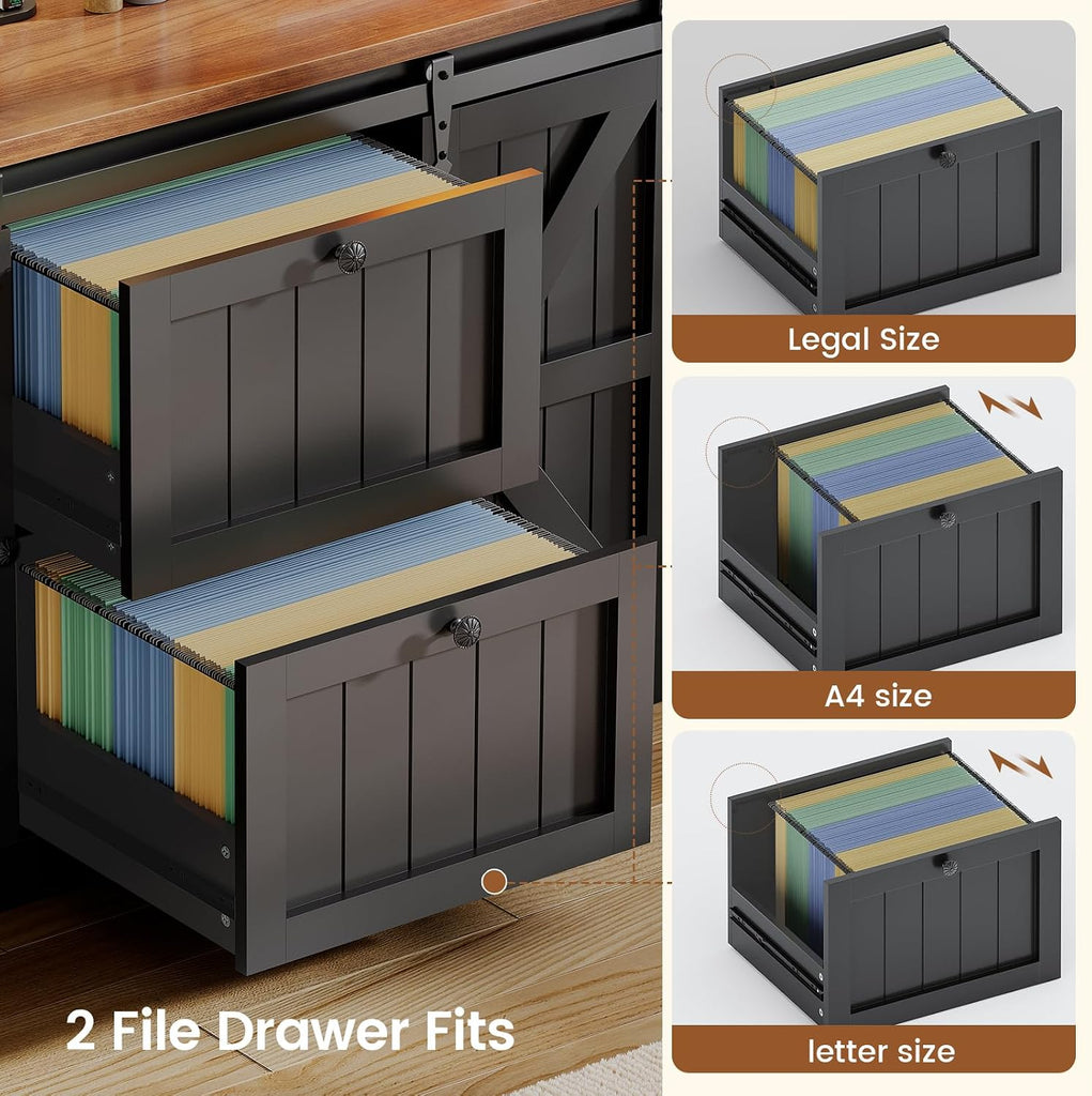 2 Drawer File Cabinet with Power Strip, 41" Farmhouse Filing Cabinet fits Legal, Letter, A4 Size Files , Printer