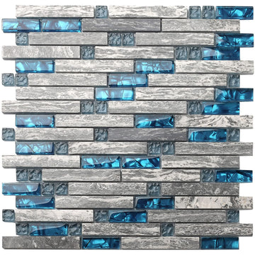 Gray Marble Tile Backsplash 12 in. x 12 in. x 8 mm Teal Blue Glass Mosaic Bathroom Shower Wall Linear Tiles (Pack of