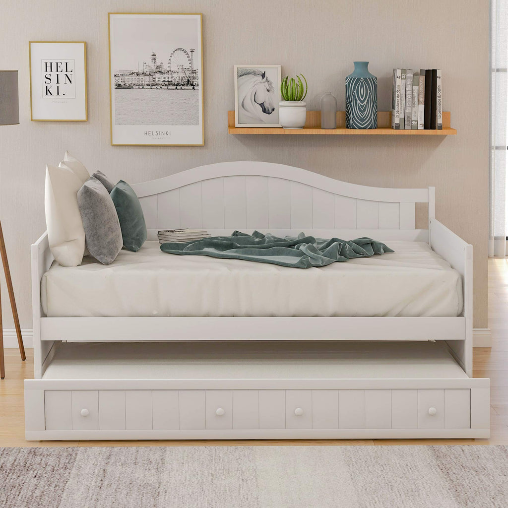 Twin Daybed with Trundle, Mid-Century Sofa Bed Wood Platform Bed Frame with Slats Support, No Box Spring Needed